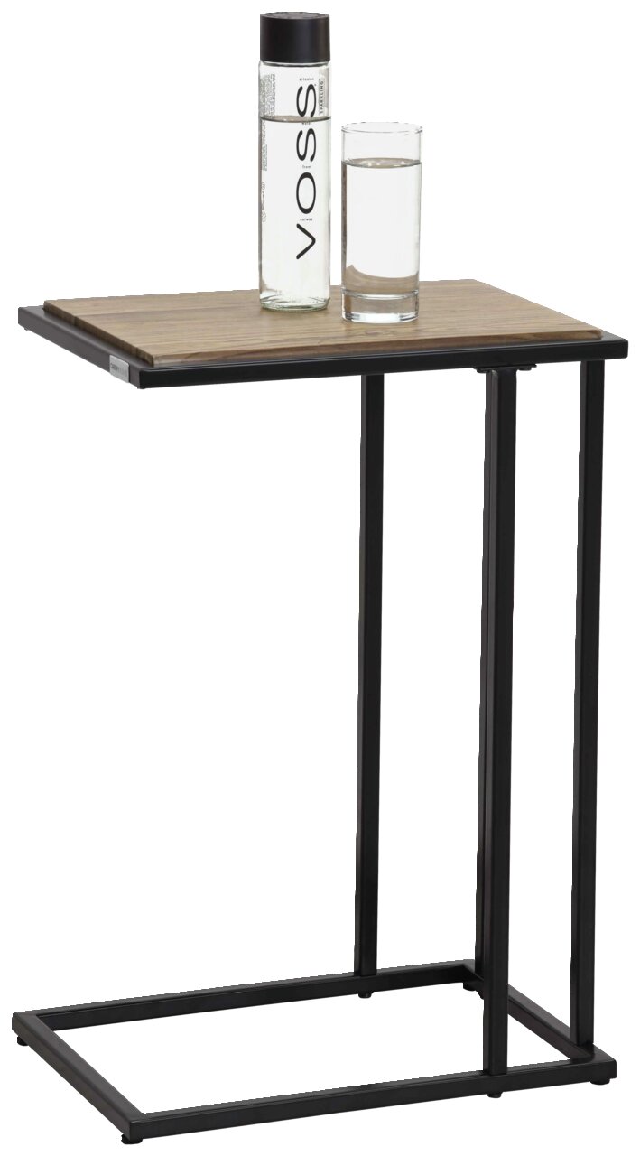 BOXXX Beistelltisch PROMO Moderner Beistelltisch mit schwarzem Metallgestell und Holzplatte, seitliche Perspektive, mit Wasserflasche und Glas darauf.