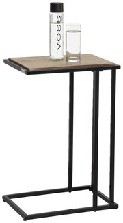 Moderner Beistelltisch mit schwarzem Metallgestell und Holzplatte, seitliche Perspektive, mit Wasserflasche und Glas darauf.