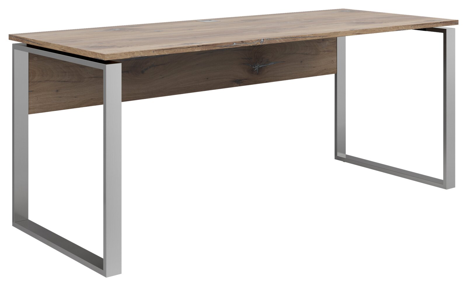 Moderner Schreibtisch mit Holzplatte und Metallgestell, seitliche Perspektive