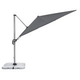 Seitliche Ansicht eines grauen Pendelschirms mit stabilem Standfuß.
