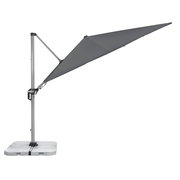 Seitliche Ansicht eines grauen Pendelschirms mit stabilem Standfuß.