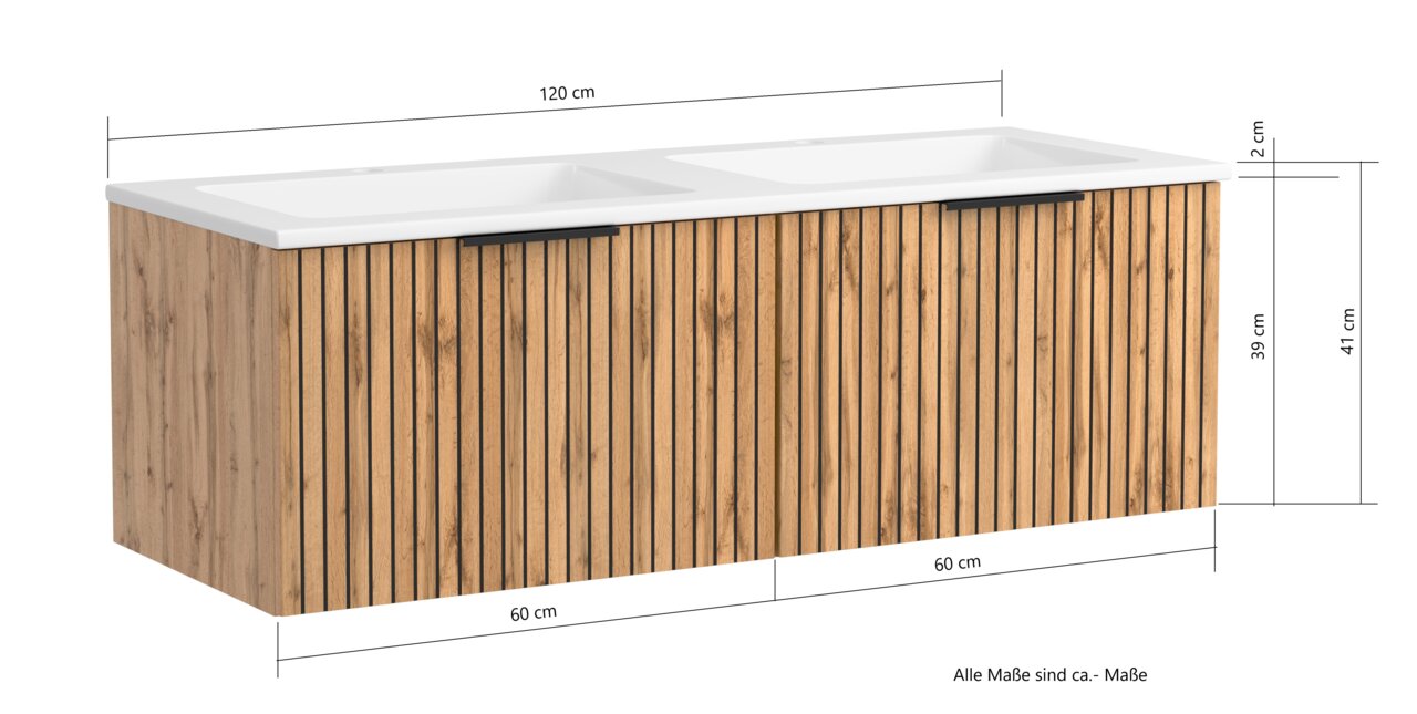 Vooraanzicht van een 120 cm brede wastafelcombinatie met twee wasbakken en verticale houten latten.