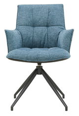 Moderner blauer Sessel mit gepolstertem Sitz und Rückenlehne, auf schwarzem Metallgestell, Frontalansicht.