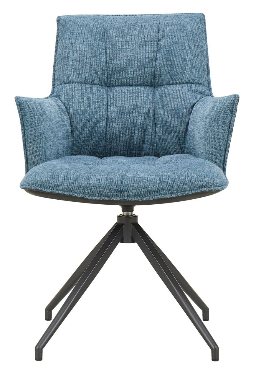 Moderner blauer Sessel mit gepolstertem Sitz und Rückenlehne, auf schwarzem Metallgestell, Frontalansicht.