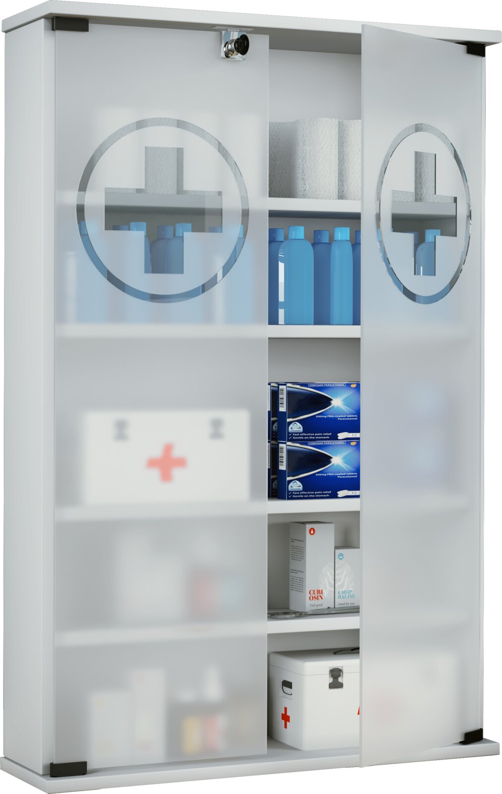 Weißer Medikamentenschrank mit mattierten Glastüren und Apothekenkreuz, teilweise geöffnet mit sichtbaren Regalböden und Medikamenten/Flaschen; Perspektive: frontale Ansicht leicht von links