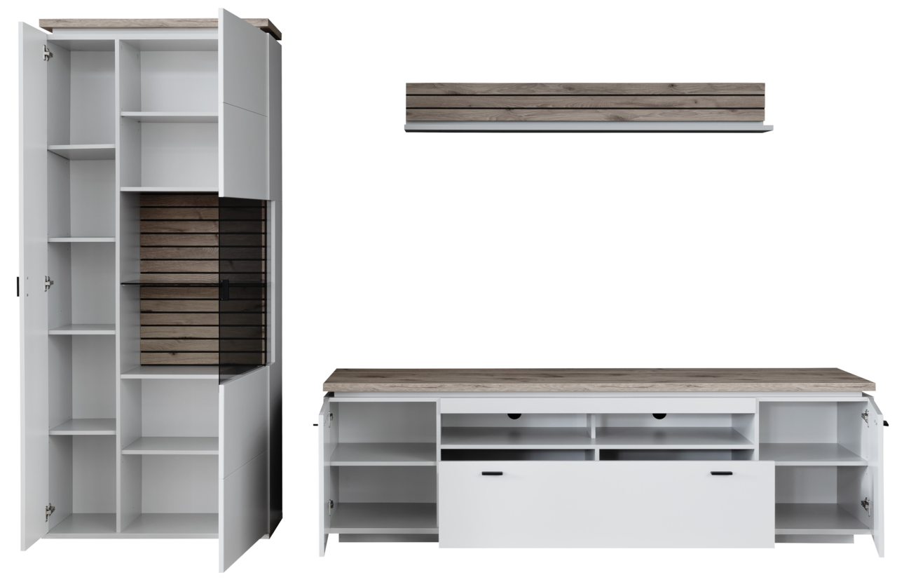 Frontale Ansicht der Wandkombination Stylife ESTEPONA mit offenen Schränken und Regalen in Weiß und Holzoptik.