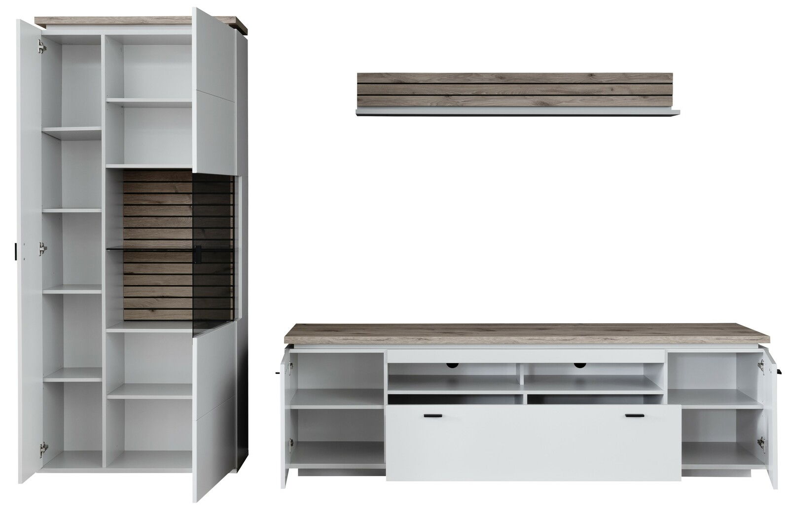 Frontale Ansicht der Wandkombination Stylife ESTEPONA mit offenen Schränken und Regalen in Weiß und Holzoptik.
