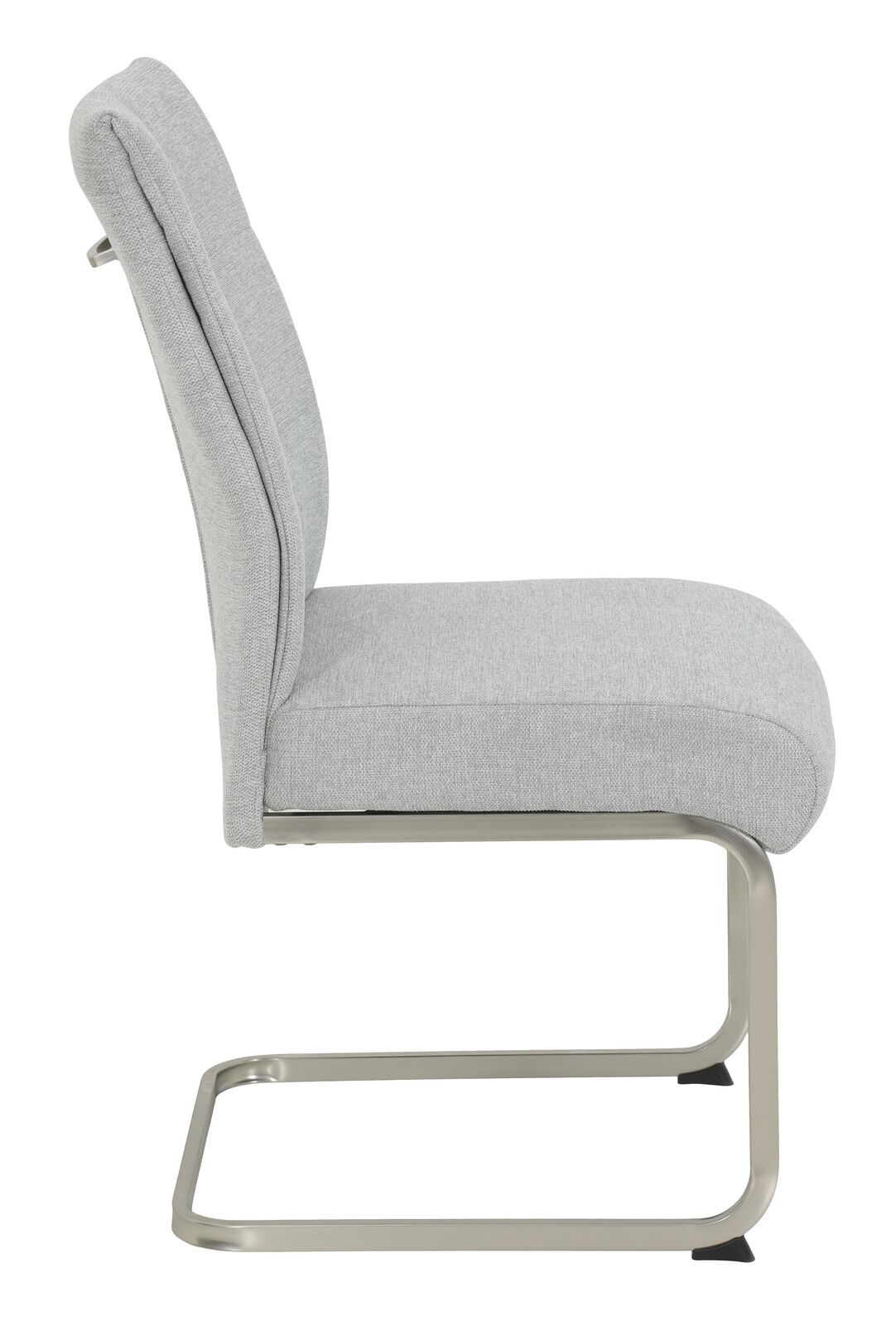 Moderner Schwingstuhl in hellgrauem Stoffbezug, seitliche Ansicht