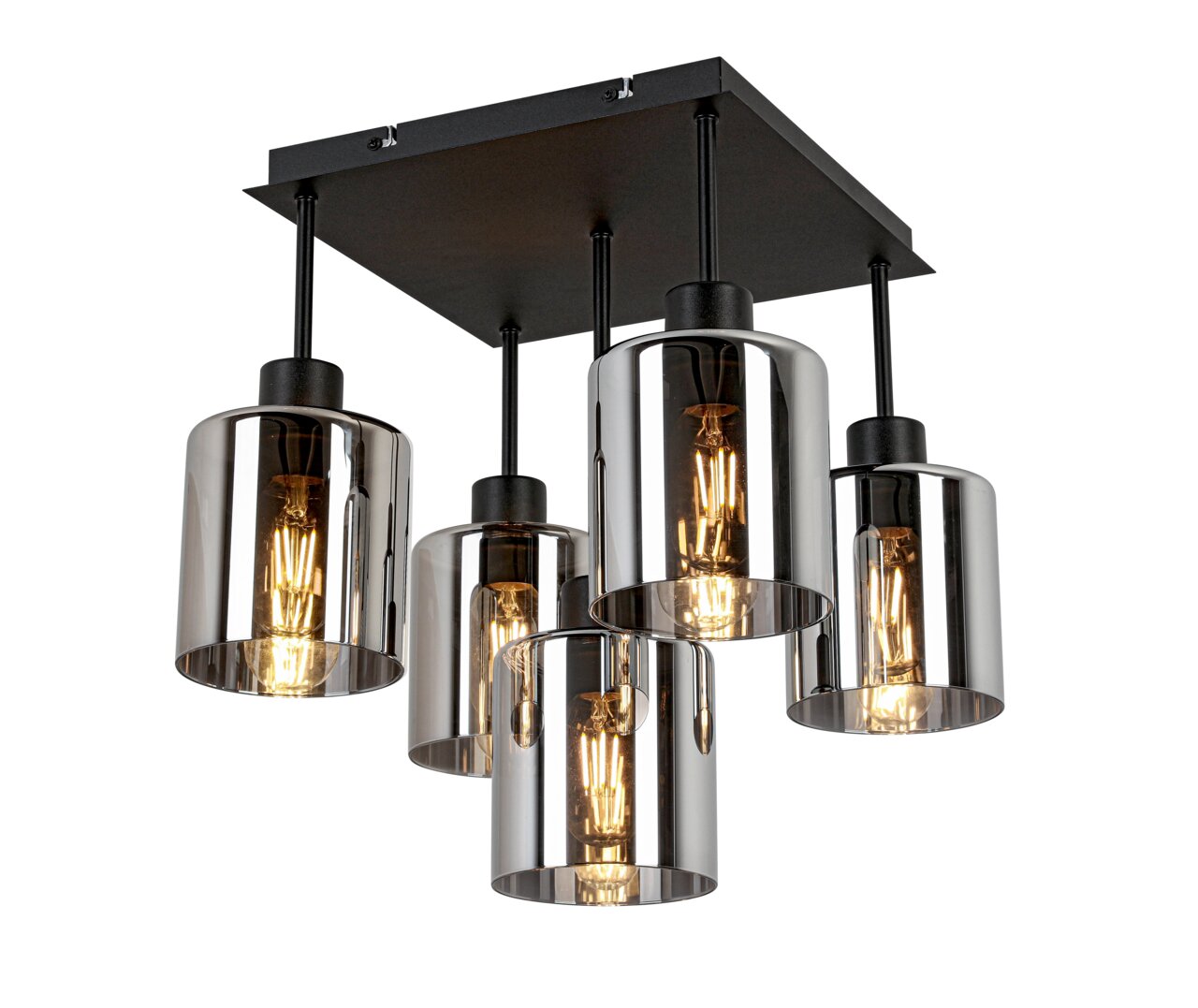 Novel Deckenleuchte Moderne Deckenleuchte mit fünf zylindrischen, rauchgrauen Glasschirmen, von unten betrachtet.