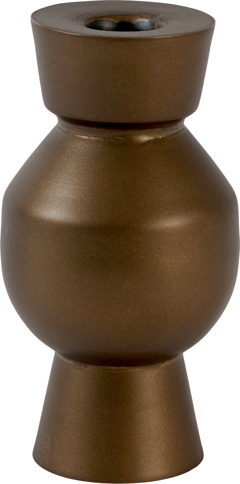 Bronzen metalen kandelaar met ronde, sculpturale vormen, van voren en licht van boven afgebeeld