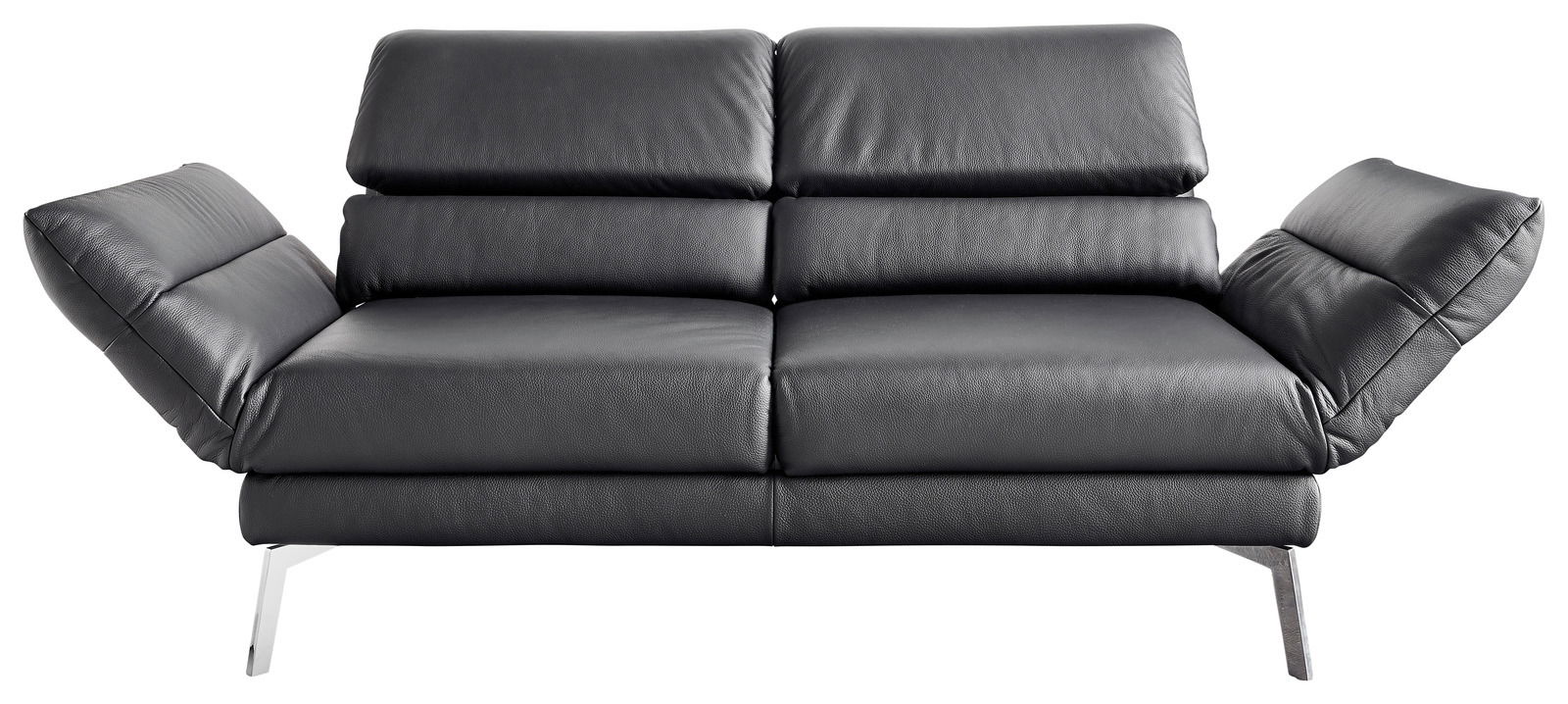 Modernes zweisitziges Sofa in schwarzem Leder mit verstellbaren Armlehnen, Vorderansicht