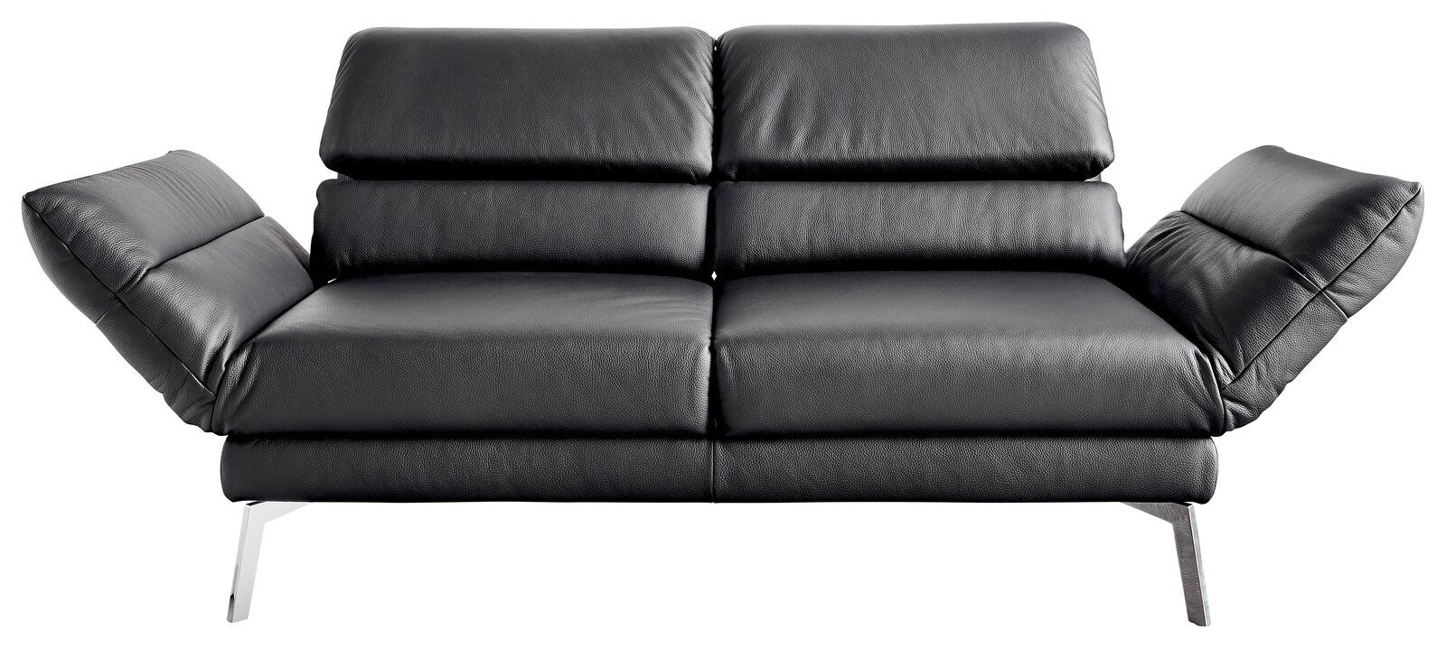 Modernes zweisitziges Sofa in schwarzem Leder mit verstellbaren Armlehnen, Vorderansicht