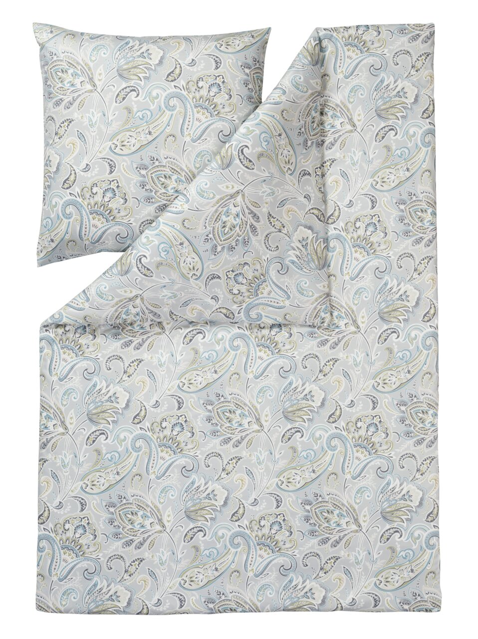 Bettwäsche-Set mit floralem Muster in sanften Blau- und Grautönen, bestehend aus einem Kissenbezug und einem Bettdeckenbezug, aus der Vogelperspektive fotografiert.