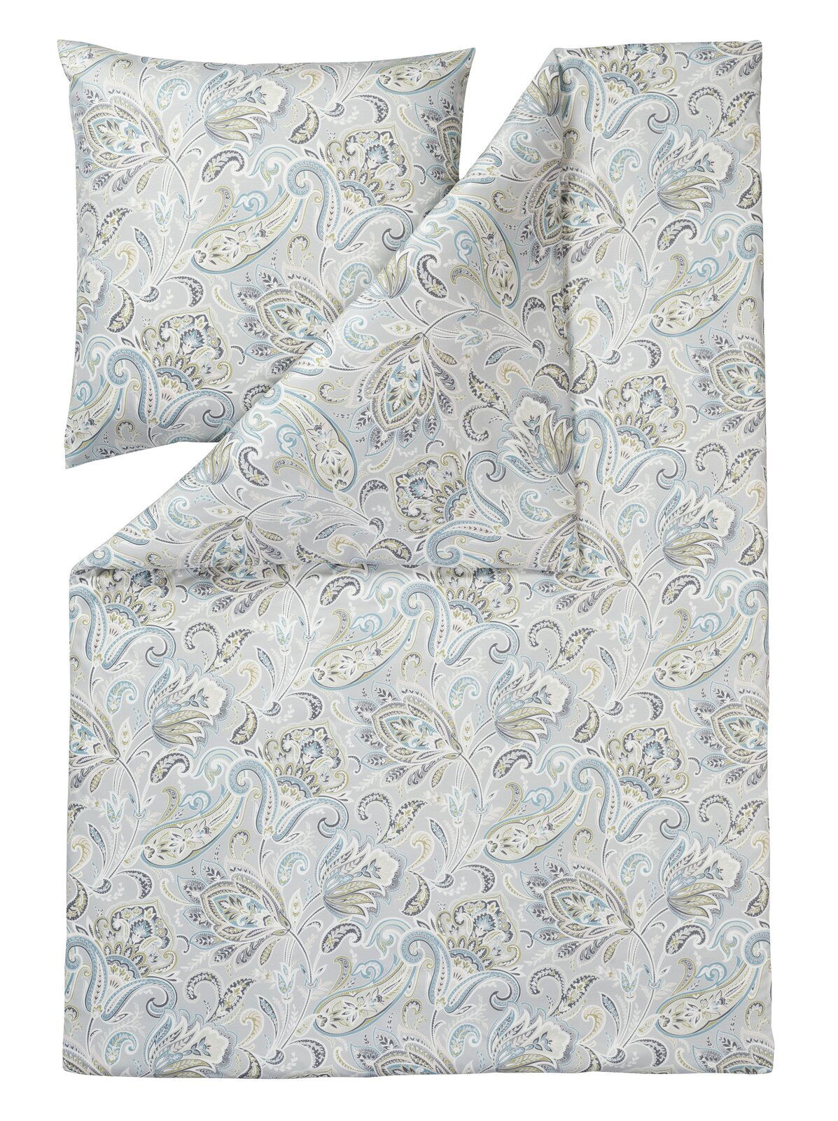 Bettwäsche-Set mit floralem Muster in sanften Blau- und Grautönen, bestehend aus einem Kissenbezug und einem Bettdeckenbezug, aus der Vogelperspektive fotografiert.