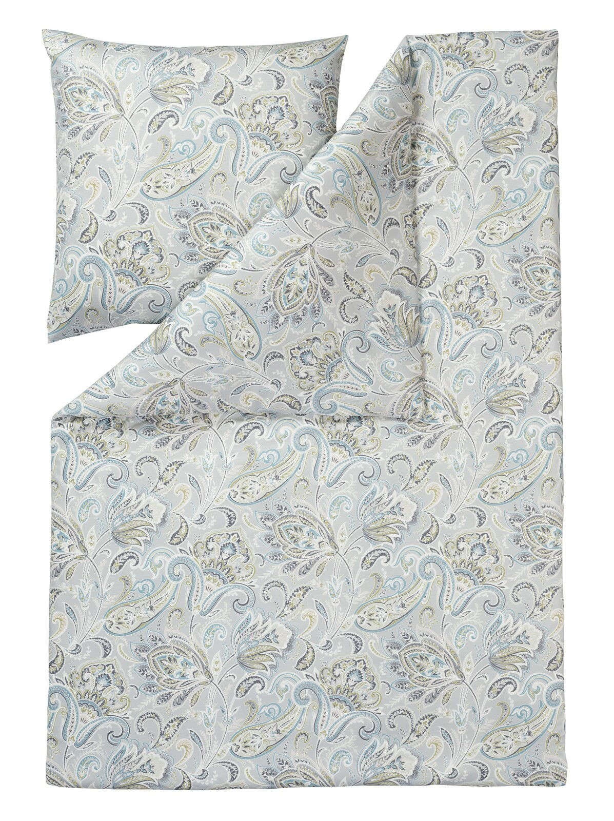 Bettwäsche-Set mit floralem Muster in sanften Blau- und Grautönen, bestehend aus einem Kissenbezug und einem Bettdeckenbezug, aus der Vogelperspektive fotografiert.