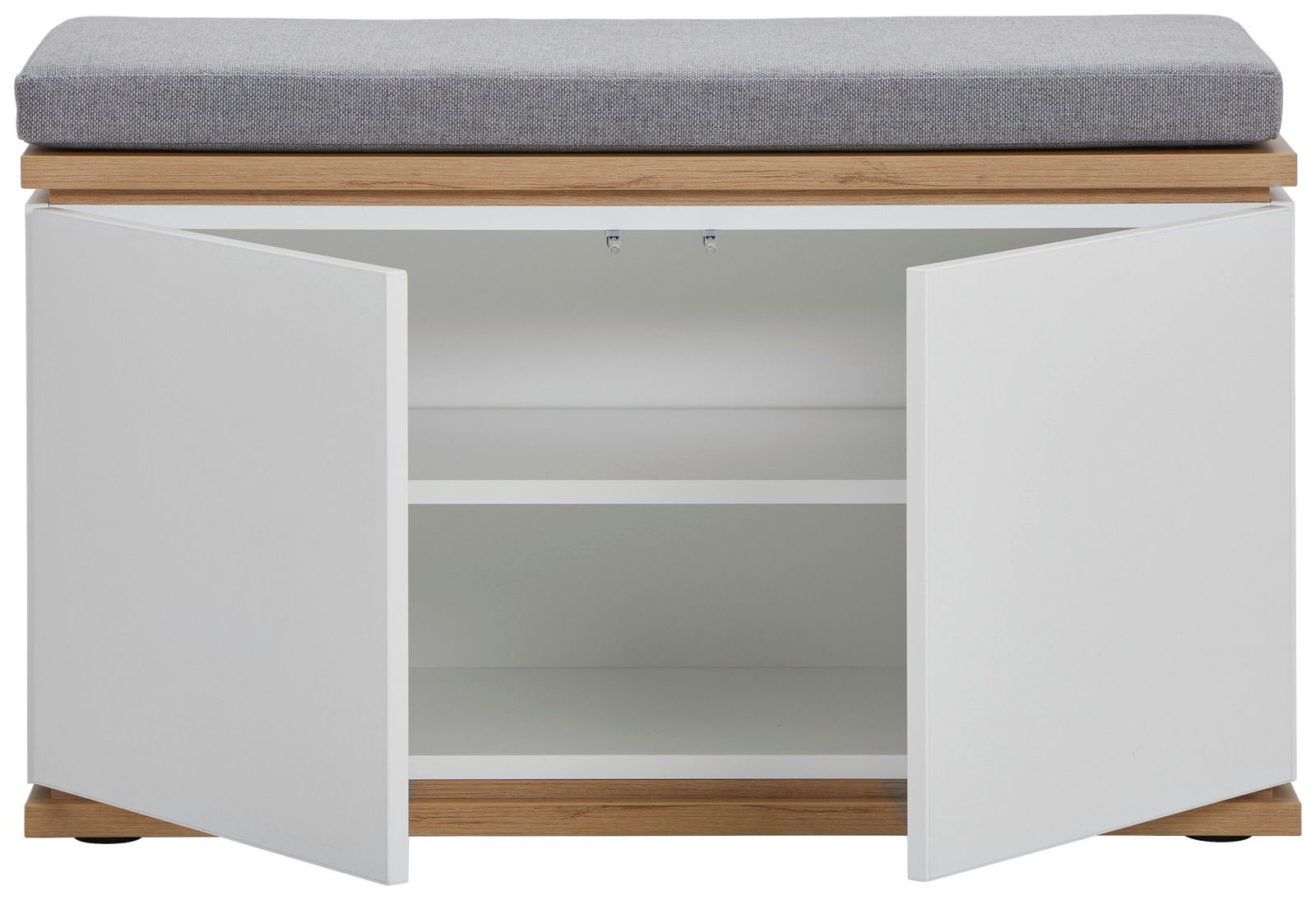 Garderobenbank mit grauem Sitzpolster, zwei offenen weißen Türen und einem Regalbrett, frontal betrachtet.