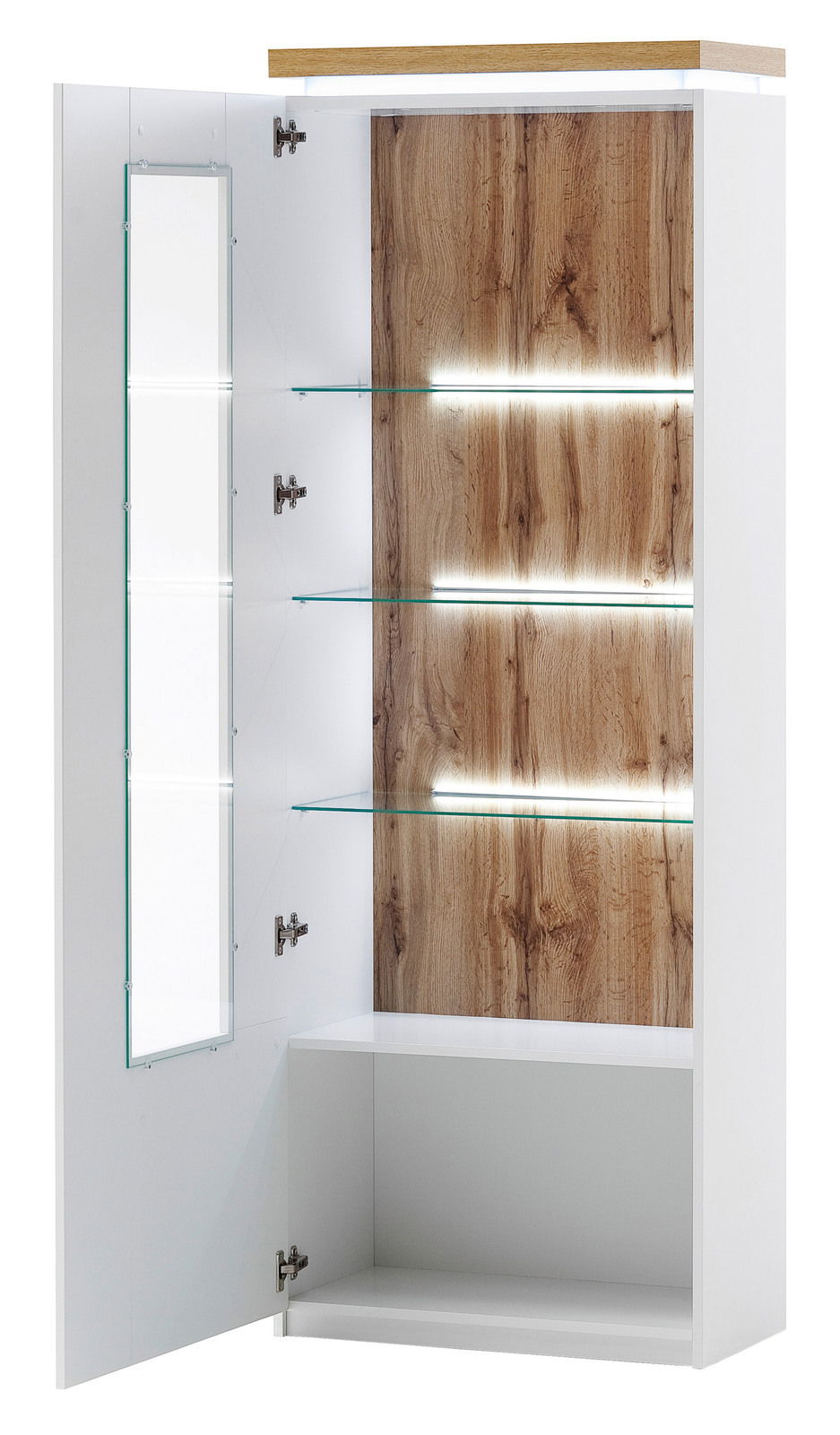 Geöffnete Vitrine mit Glasböden und Holzrückwand, seitliche Perspektive