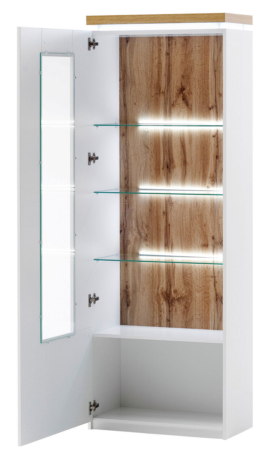 Geöffnete Vitrine mit Glasböden und Holzrückwand, seitliche Perspektive