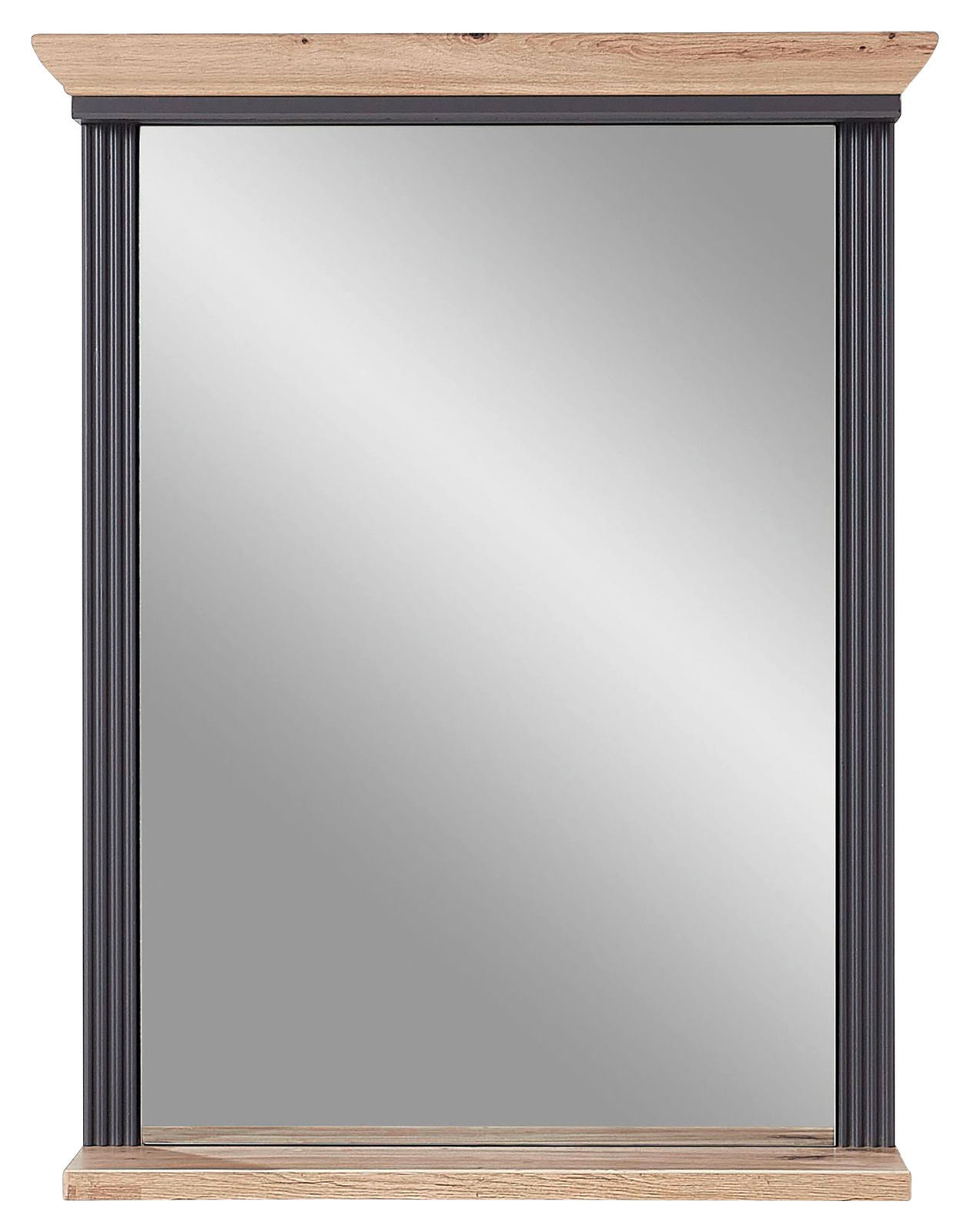 Schmaler Spiegel mit Holzrahmen und dunklen seitlichen Leisten, Frontalansicht