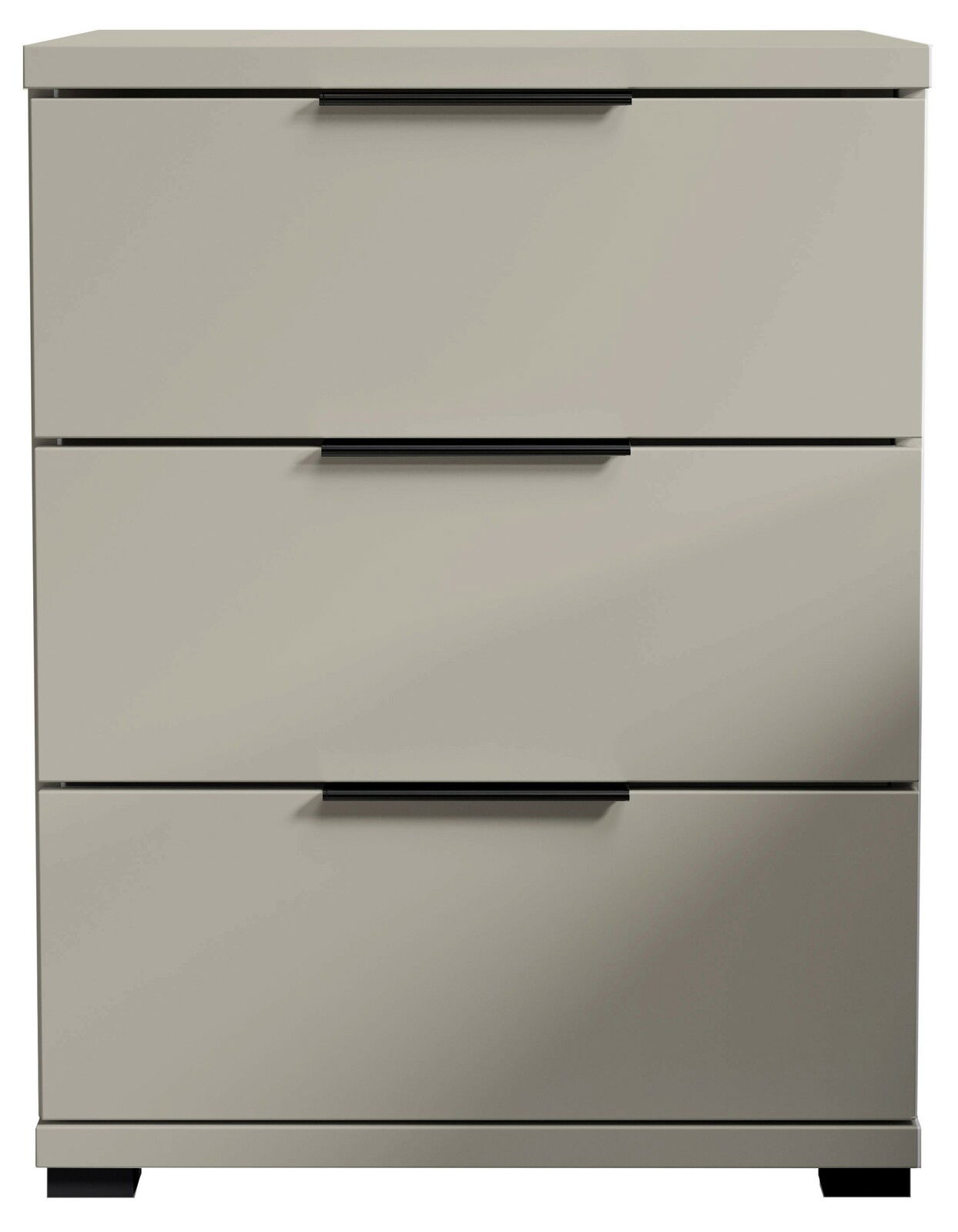 Moderne Nachtkommode mit drei Schubladen in grauer Farbe, frontale Ansicht