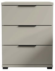 Moderne Nachtkommode mit drei Schubladen in grauer Farbe, frontale Ansicht