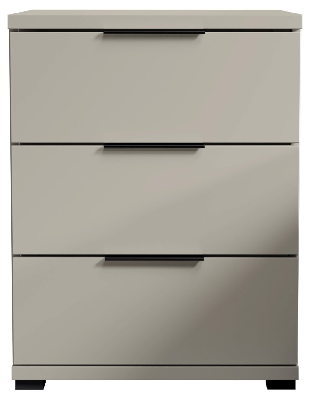 Moderne Nachtkommode mit drei Schubladen in grauer Farbe, frontale Ansicht
