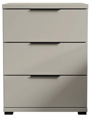 Moderne Nachtkommode mit drei Schubladen in grauer Farbe, frontale Ansicht