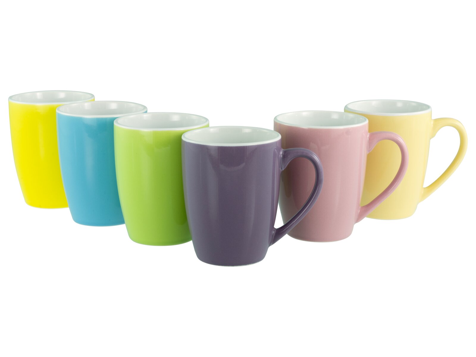 Creatable Kaffeebecher 6-tlg UNIVERSAL Sechs farbige Keramik-Kaffeebecher mit Henkel (gelb, blau, grün, lila, rosa, hellgelb) in schräger Vorderansicht vor weißem Hintergrund
