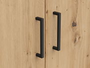Nahaufnahme von zwei schwarzen Griffen an einer Holztür eines Mehrzweckschranks, aus der Frontalperspektive.