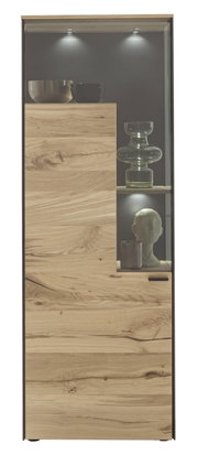 Vitrine ANDRA aus Holz mit Glasfront, beleuchtet, frontal fotografiert.