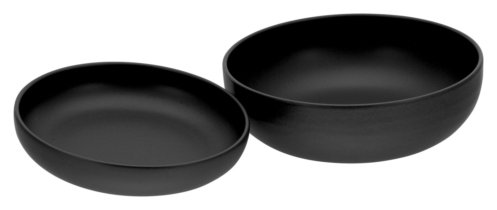 Zwei matte schwarze Schalen in unterschiedlichen Größen, leicht schräg von oben aus Frontperspektive fotografiert.