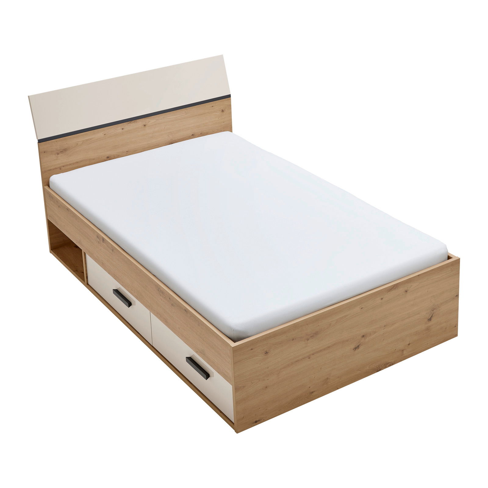 Holzbett mit weißer Matratze, zwei Schubladen an der Seite und einem schrägen Kopfteil, Perspektive von schräg oben