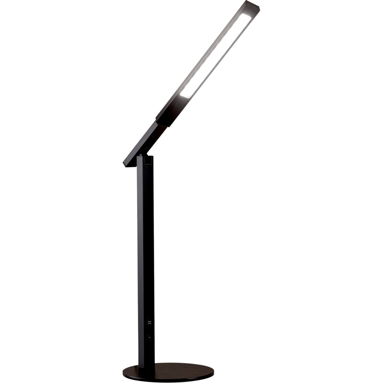 Moderne zwarte tafellamp met een slanke, verstelbare arm, zijaanzicht
