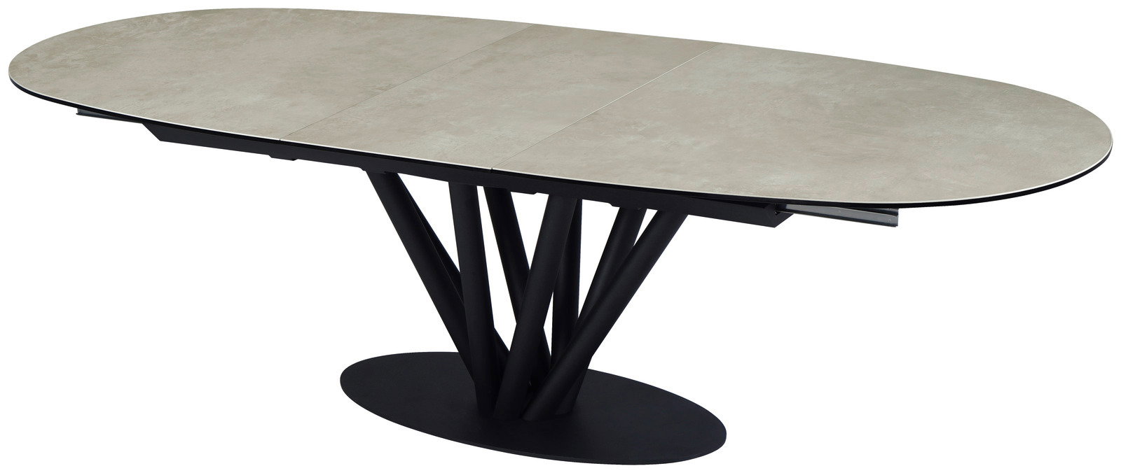 Moderner Esstisch mit ovaler, erweiterbarer Tischplatte und schwarzem, skulpturalem Untergestell, seitliche Perspektive