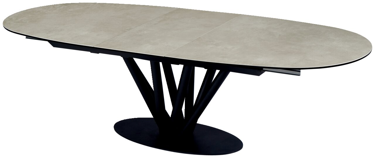 Moderne eettafel met een ovaal, uitschuifbaar tafelblad en een zwart, sculpturaal onderstel, gezien vanaf de zijkant