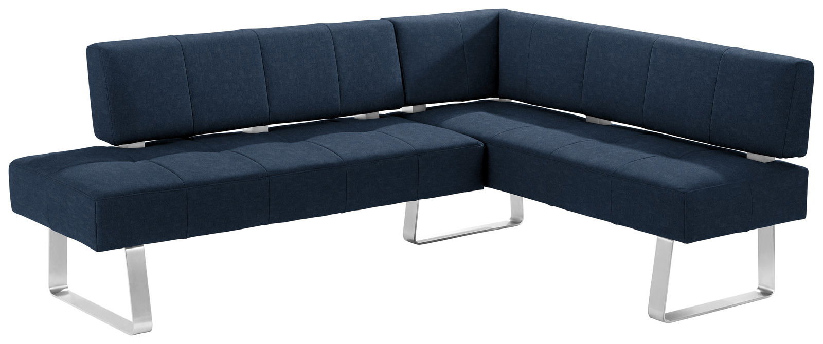 Moderne Eckbank in dunkelblauem Stoff mit Metallbeinen, seitliche Perspektive