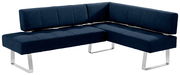 Moderne Eckbank in dunkelblauem Stoff mit Metallbeinen, seitliche Perspektive
