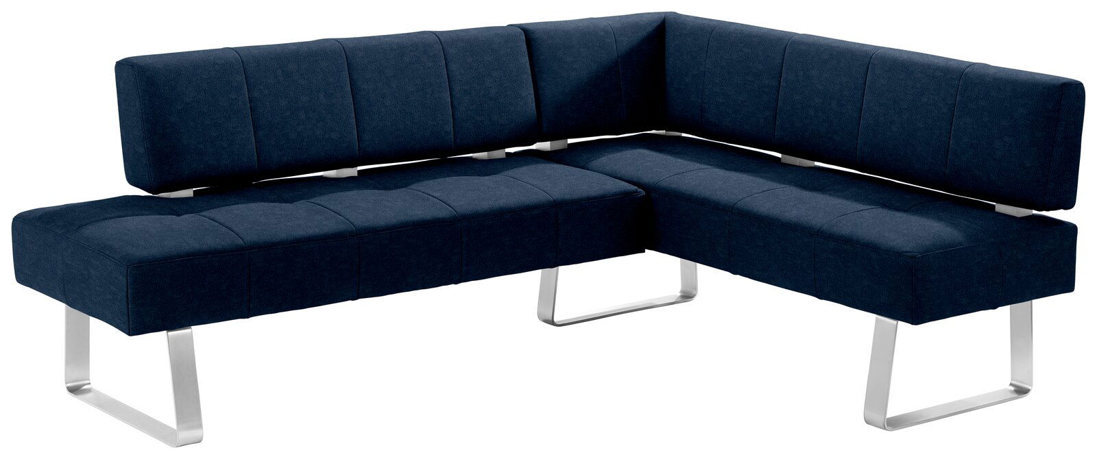 Moderne Eckbank in dunkelblauem Stoff mit Metallbeinen, seitliche Perspektive