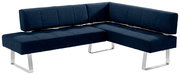Moderne Eckbank in dunkelblauem Stoff mit Metallbeinen, seitliche Perspektive