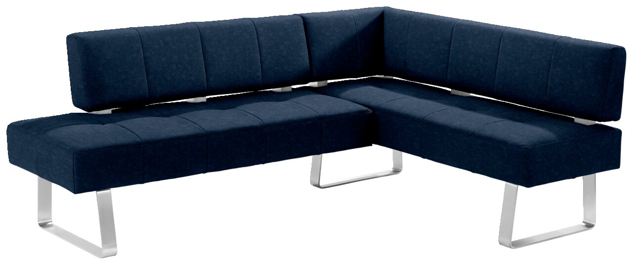 Moderne Eckbank in dunkelblauem Stoff mit Metallbeinen, seitliche Perspektive