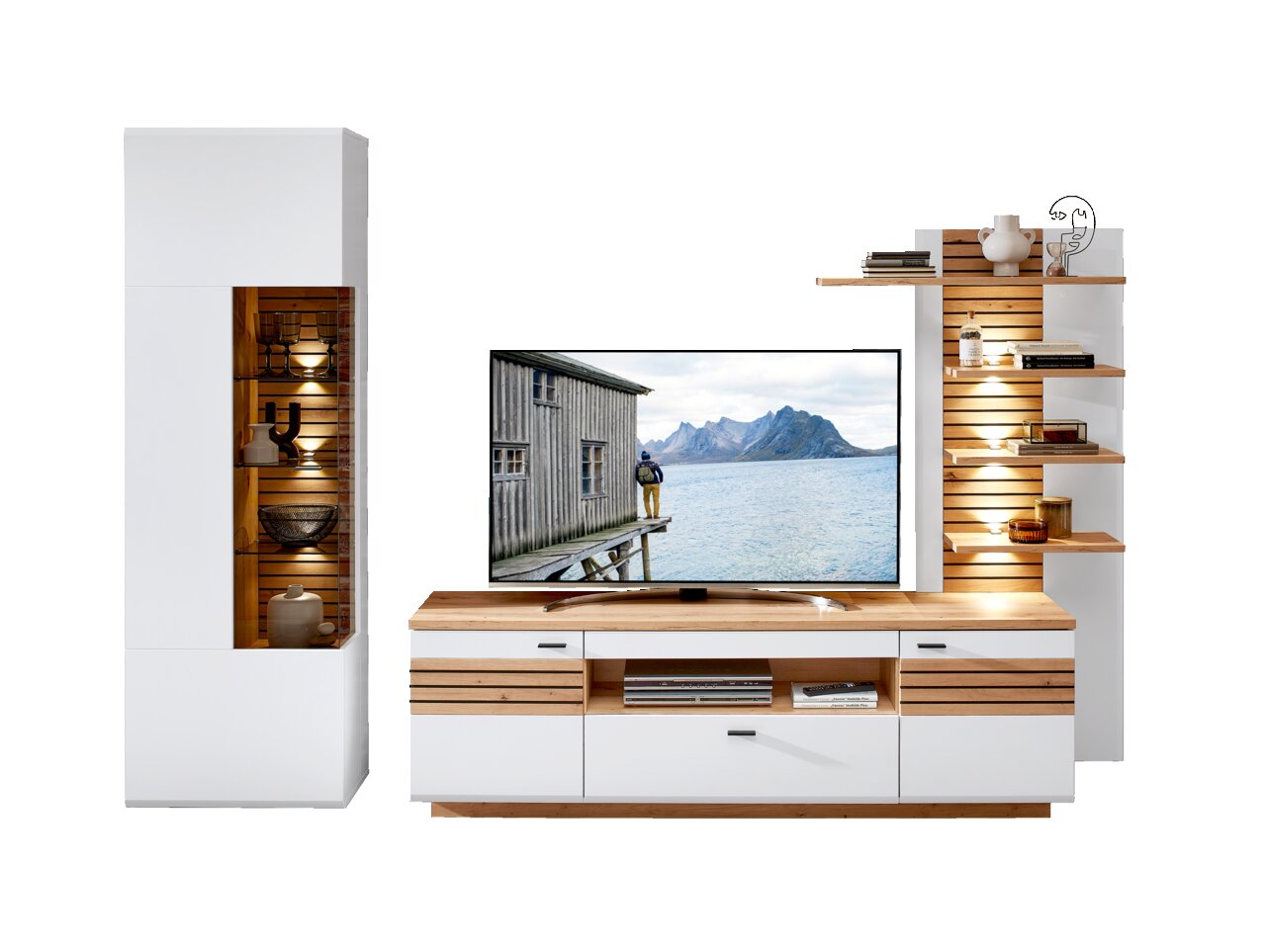 Moderne Wandkombination in Weiß und Holzoptik mit Vitrine, TV-Schrank und Regalen, frontal betrachtet.