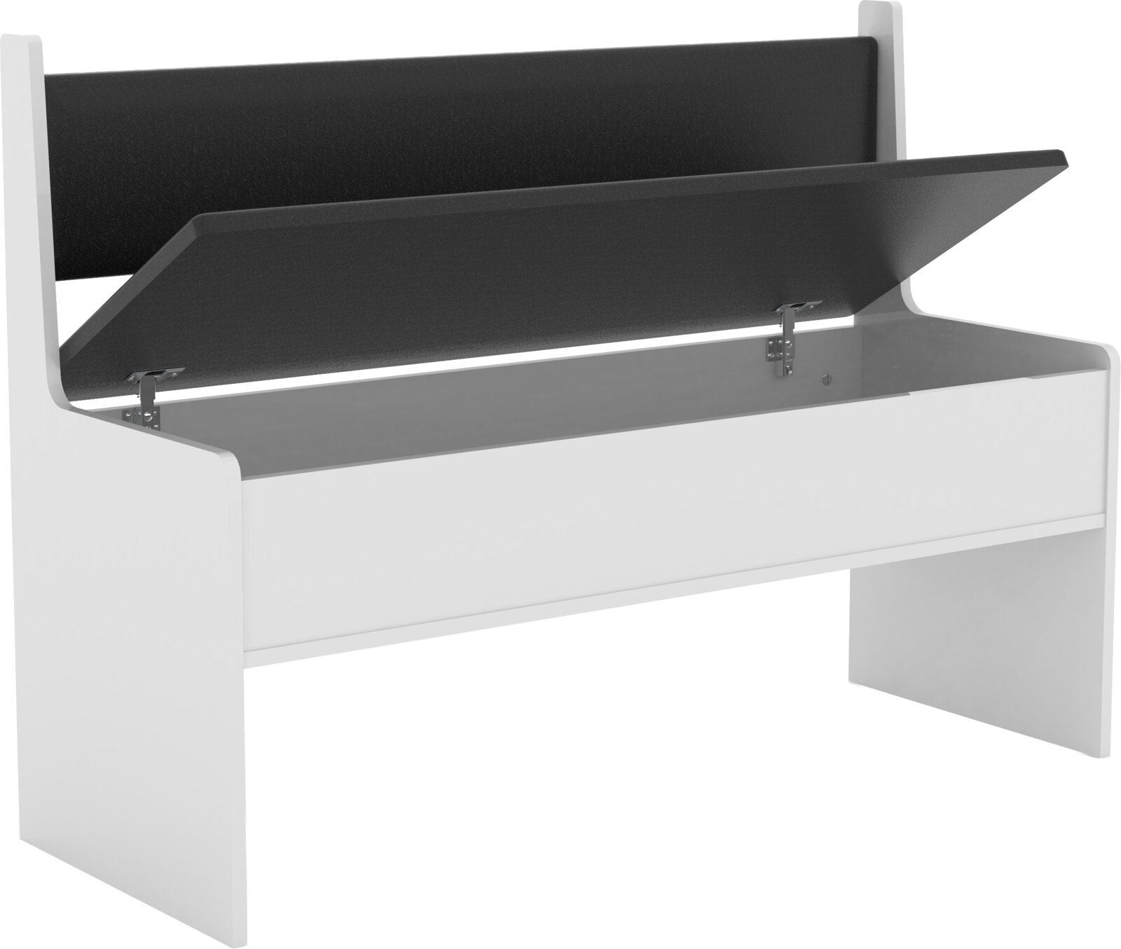 Weißes Holzbett mit hochgeklappter, schwarz gepolsterter Liegefläche und sichtbarem Stauraumkasten, schräg von vorn/rechts aus leicht erhöhter Perspektive dargestellt