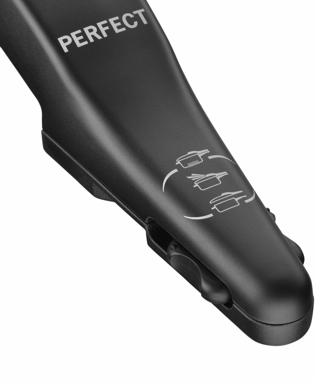 Nahaufnahme des Griffs eines Schnelltopfs mit der Aufschrift 'PERFECT' und Symbolen zur Bedienung.