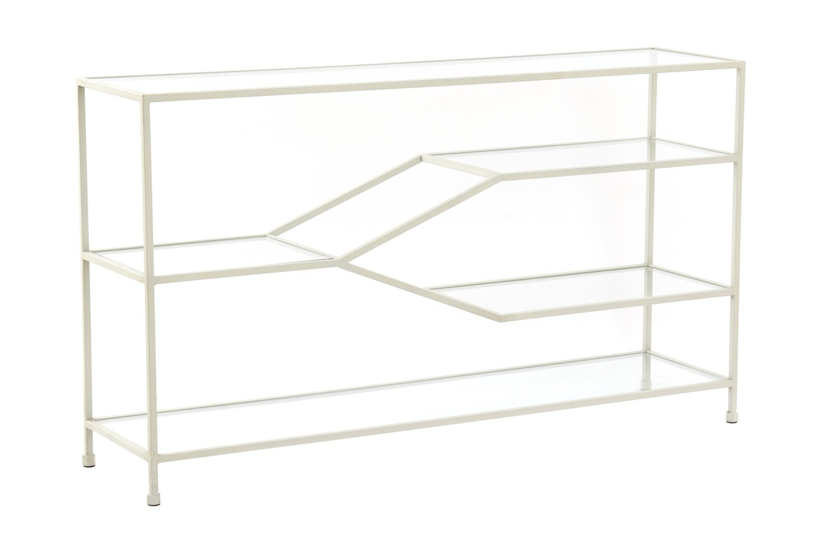 Moderner Konsolentisch aus Metall mit Glasböden, seitliche Perspektive