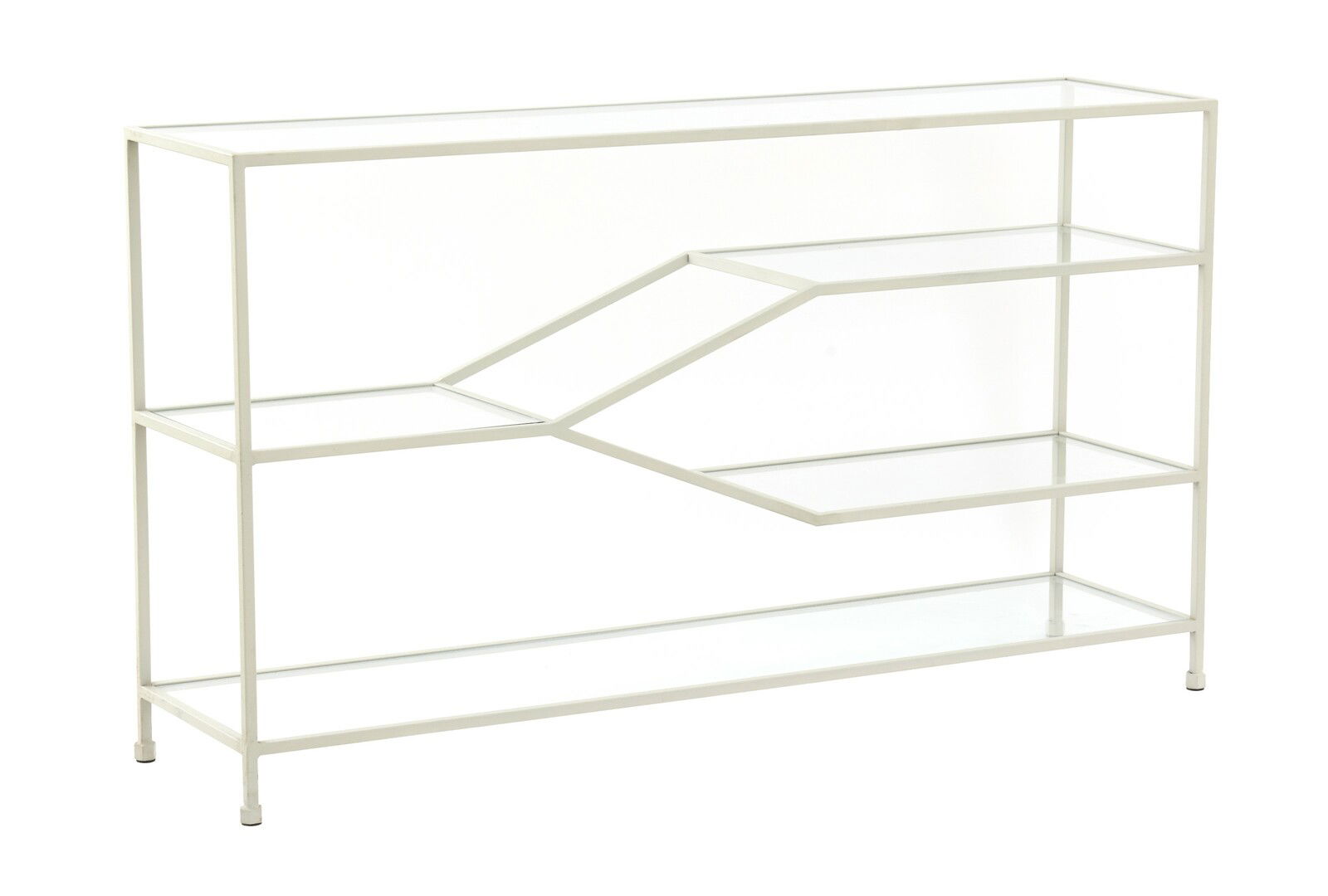 Moderner Konsolentisch aus Metall mit Glasböden, seitliche Perspektive