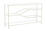 Moderner Konsolentisch aus Metall mit Glasböden, seitliche Perspektive