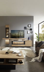 Moderne Wandkombination in Holzoptik mit TV, Regalen und Dekorationen, seitliche Perspektive.
