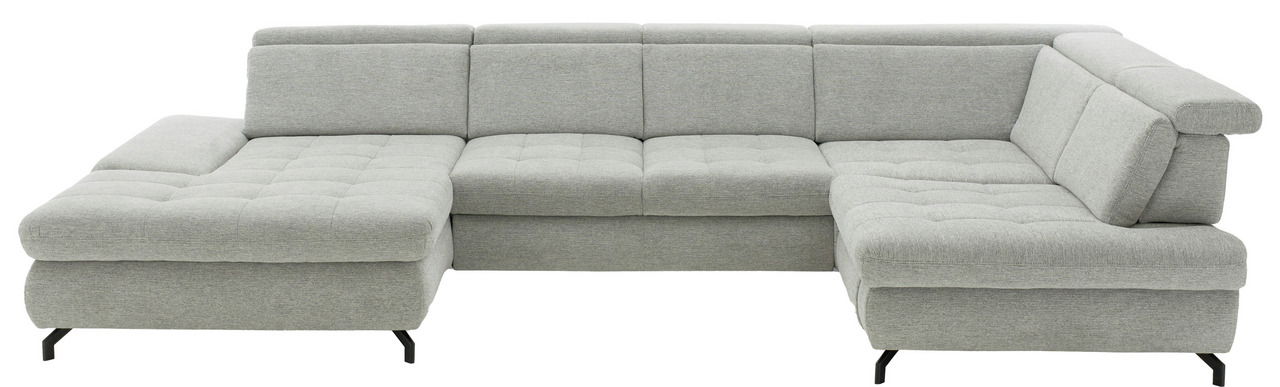 Graue Polsterrundecke in L-Form mit verstellbaren Kopfstützen, Vorderansicht