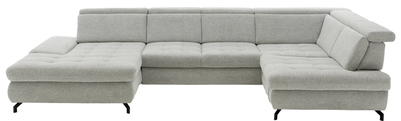 Graue Polsterrundecke in L-Form mit verstellbaren Kopfstützen, Vorderansicht