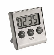 Digitaler Timer aus Edelstahl mit großem Display und drei Tasten, seitliche Perspektive
